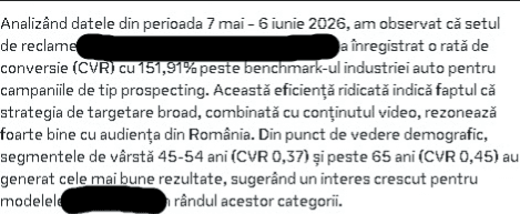 Insight din Meta Ads Manager despre campania optimizată, cu date identificabile estompate
