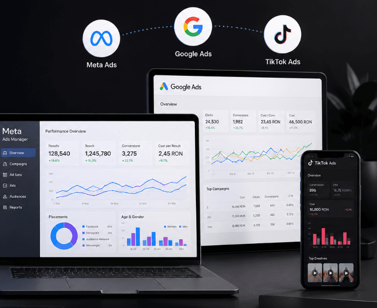 Dashboard-uri Meta, Google și TikTok Ads