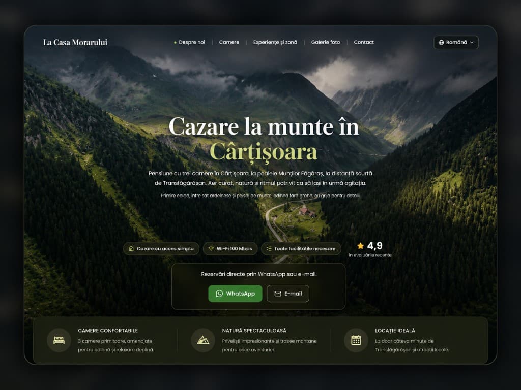 Mockup site web La Casa Morarului, cazare în Cârțișoara