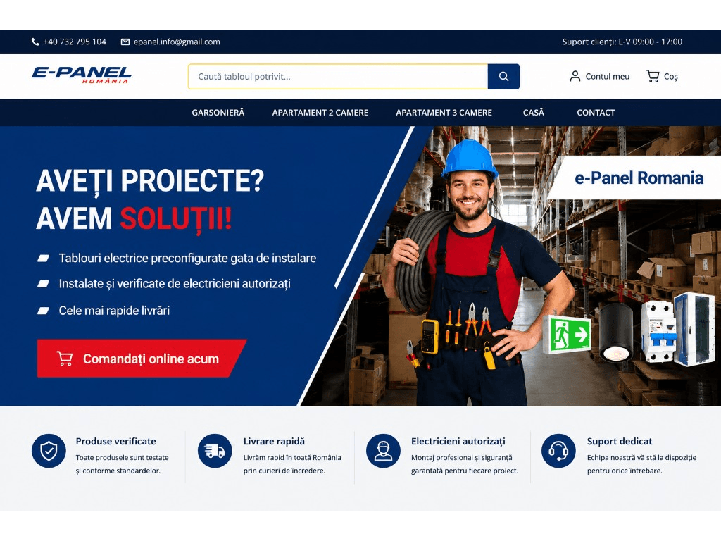 Mockup magazin Shopify E-Panel România, tablouri electrice preconfigurate