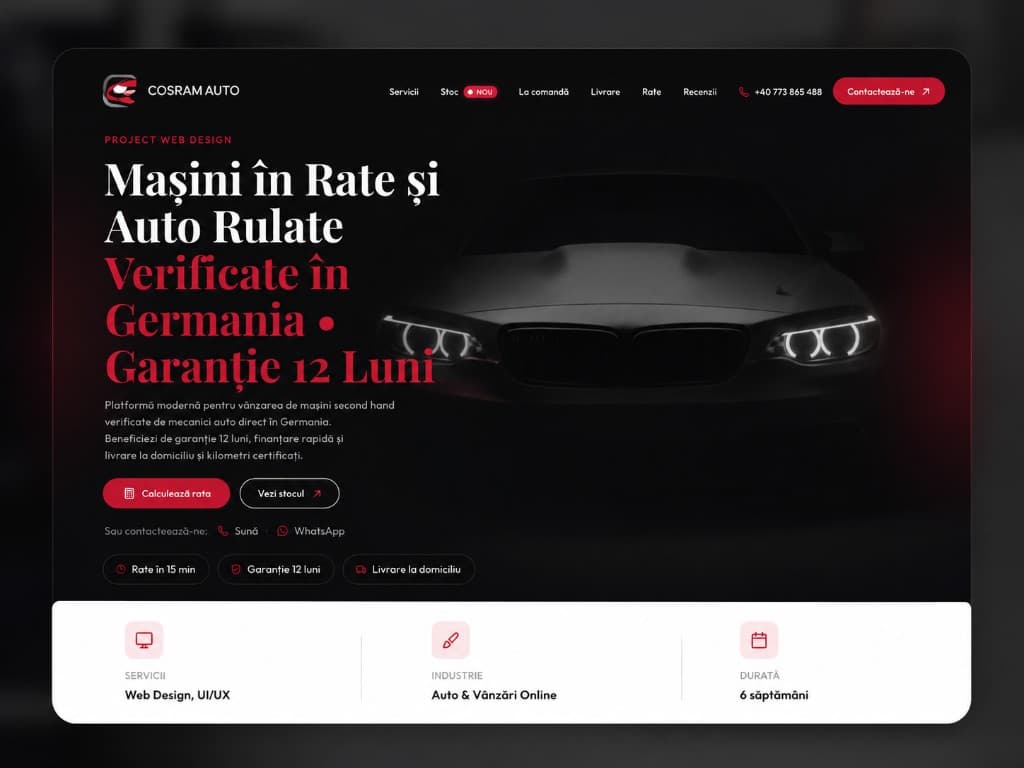 Mockup site web parc auto, catalog și pagini produs