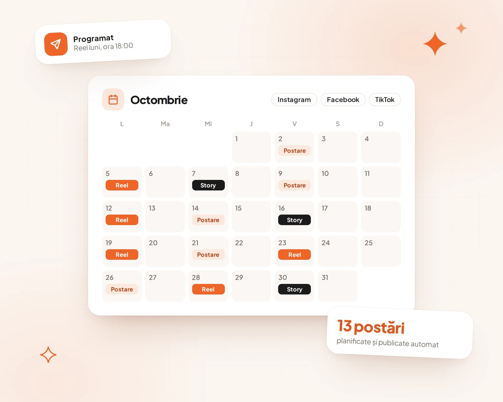 Calendar lunar cu postări planificate pe Instagram, Facebook și TikTok