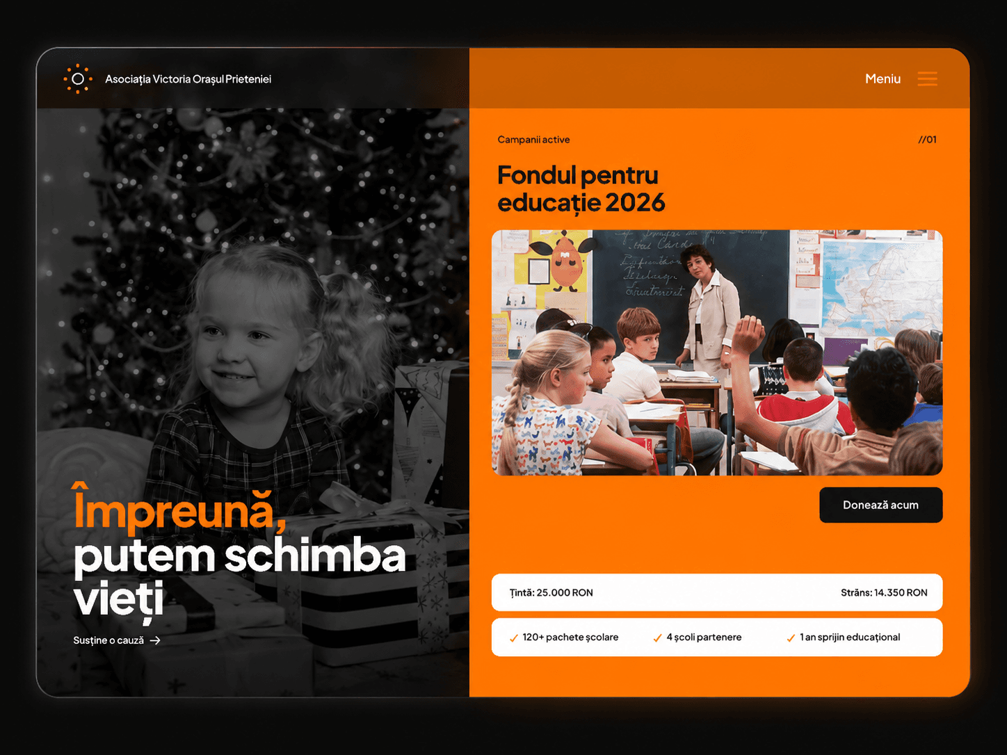 Mockup site web Asociația Victoria Orașul Prieteniei, campanii și donații